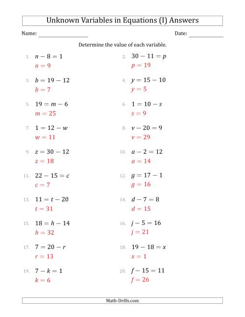 The Unknown Variables in Equations - Subtraction - Range 1 to 20 - Any Position (I) Math Worksheet Page 2