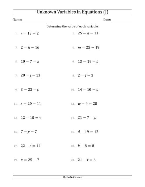 The Unknown Variables in Equations - Subtraction - Range 1 to 20 - Any Position (J) Math Worksheet