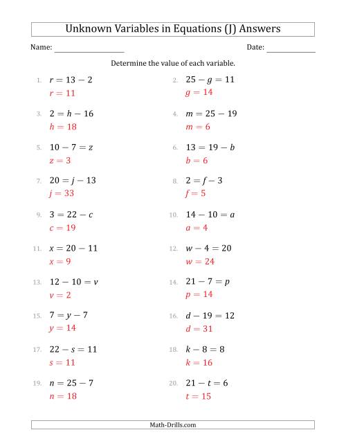 The Unknown Variables in Equations - Subtraction - Range 1 to 20 - Any Position (J) Math Worksheet Page 2