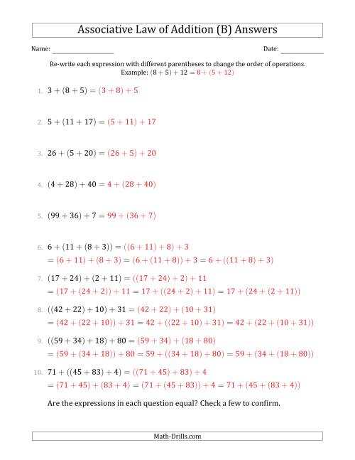 The Associative Law of Addition (Whole Numbers Only) (B) Math Worksheet Page 2