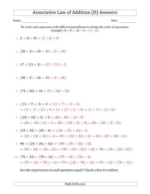 The Associative Law of Addition (Whole Numbers Only) (D) Math Worksheet Page 2