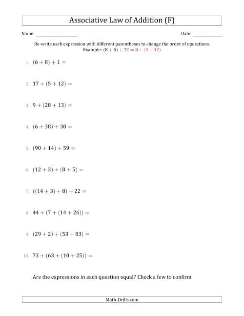 The Associative Law of Addition (Whole Numbers Only) (F) Math Worksheet