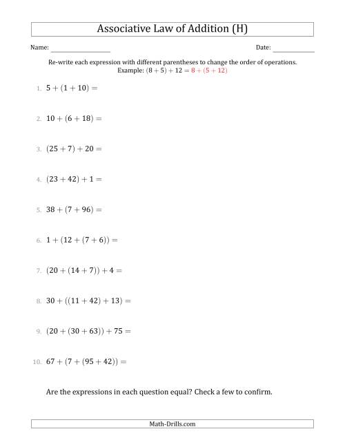 The Associative Law of Addition (Whole Numbers Only) (H) Math Worksheet