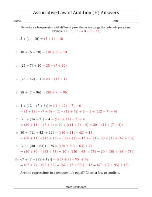 The Associative Law of Addition (Whole Numbers Only) (H) Math Worksheet Page 2