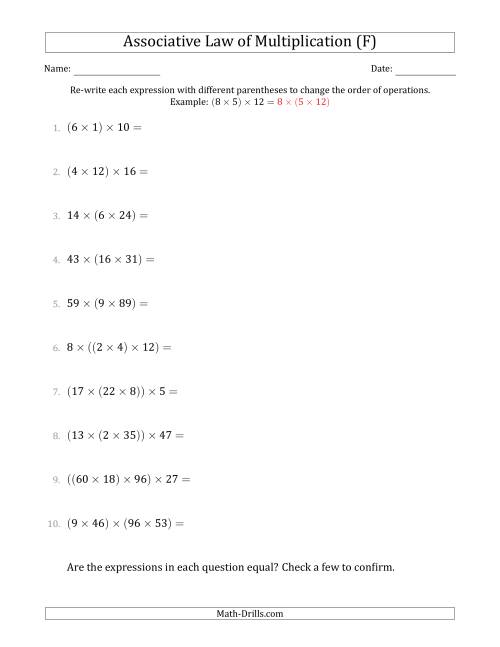 The Associative Law of Multiplication (Whole Numbers Only) (F) Math Worksheet
