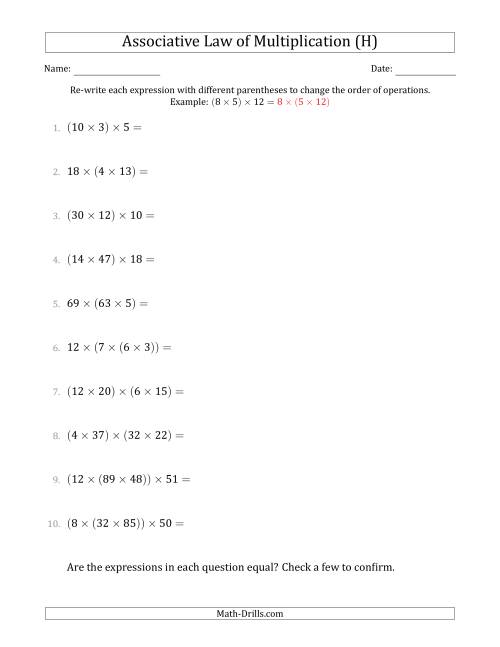 The Associative Law of Multiplication (Whole Numbers Only) (H) Math Worksheet