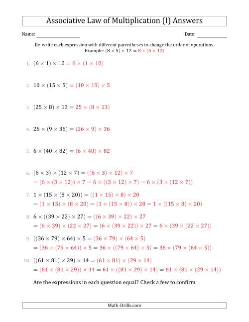 The Associative Law of Multiplication (Whole Numbers Only) (I) Math Worksheet Page 2