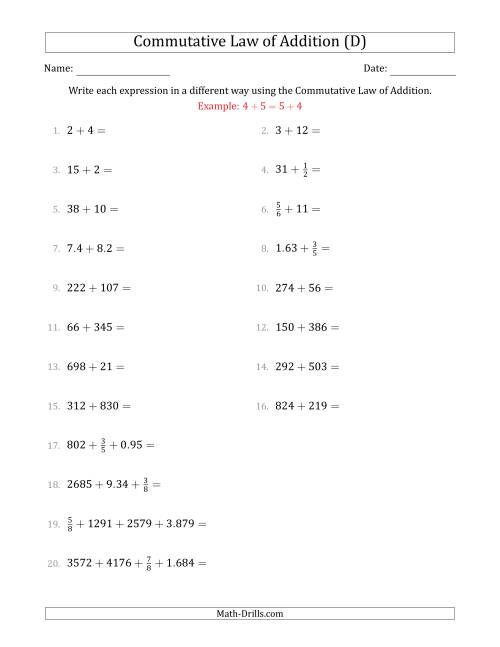 The The Commutative Law of Addition (Numbers Only) (D) Math Worksheet