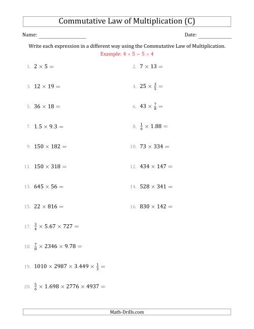 The The Commutative Law of Multiplication (Numbers Only) (C) Math Worksheet