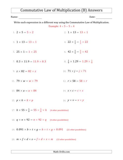 The The Commutative Law of Multiplication (Some Variables) (B) Math Worksheet Page 2