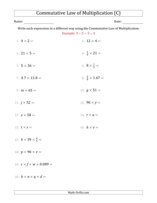The The Commutative Law of Multiplication (Some Variables) (C) Math Worksheet