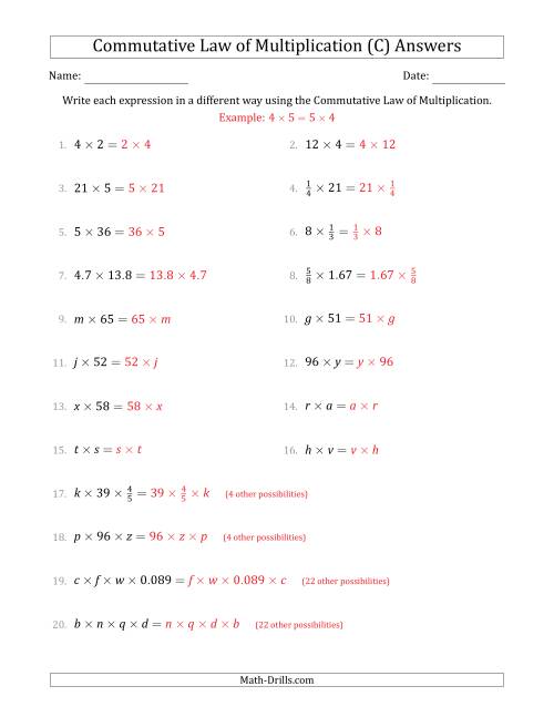 The The Commutative Law of Multiplication (Some Variables) (C) Math Worksheet Page 2