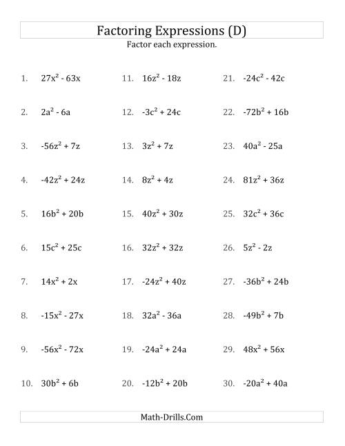 The Factoring Non-Quadratic Expressions with All Squares, Compound Coefficients, and Negative and Positive Multipliers (D) Math Worksheet