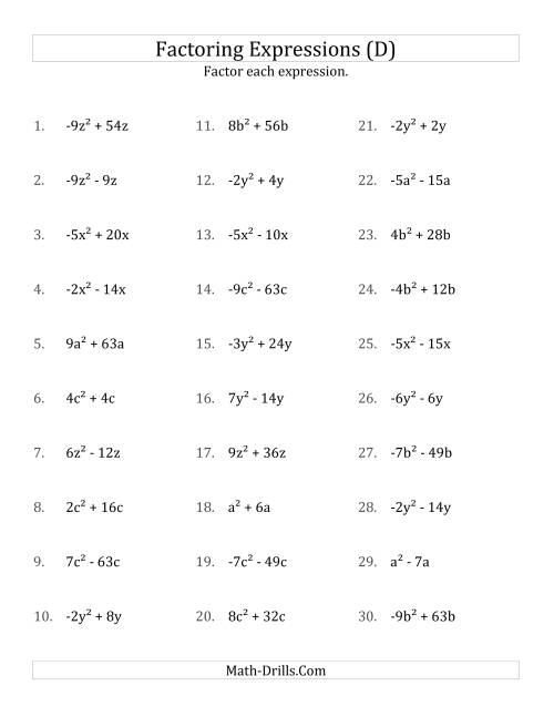 The Factoring Non-Quadratic Expressions with All Squares, Simple Coefficients, and Negative and Positive Multipliers (D) Math Worksheet