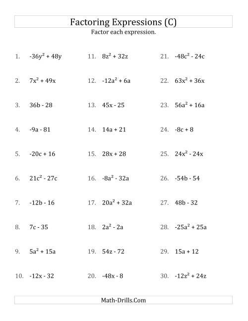 The Factoring Non-Quadratic Expressions with Some Squares, Compound Coefficients, and Negative and Positive Multipliers (C) Math Worksheet