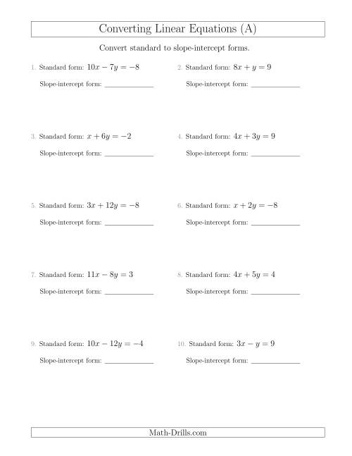 Converting from Standard to Slope-Intercept Form (A) Algebra Worksheet