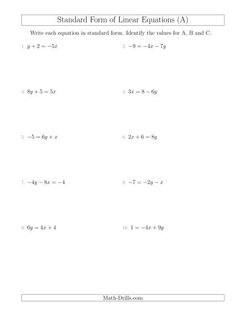 Rewriting Linear Equations in Standard Form (A) Algebra Worksheet