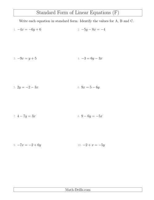 The Rewriting Linear Equations in Standard Form (F) Math Worksheet