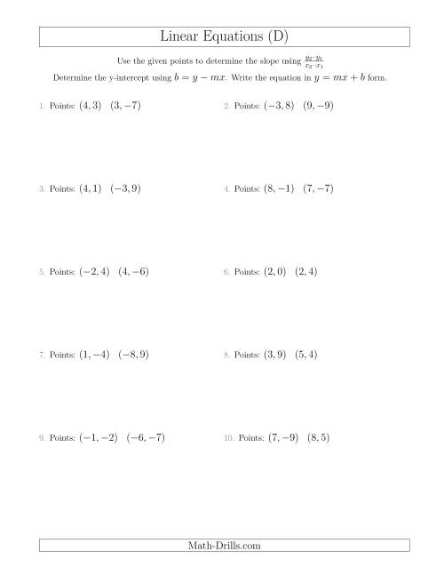The Writing a Linear Equation from Two Points (D) Math Worksheet