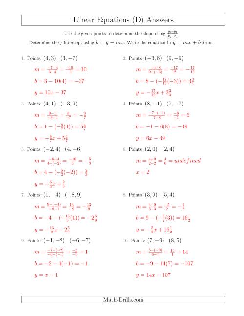 The Writing a Linear Equation from Two Points (D) Math Worksheet Page 2