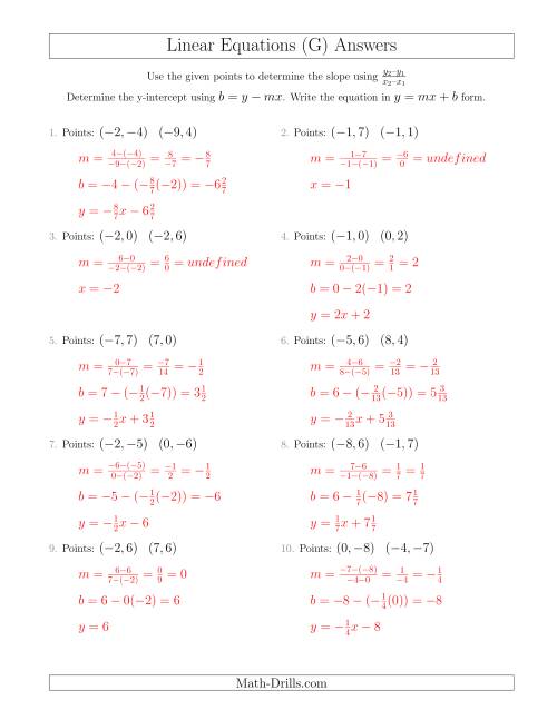 The Writing a Linear Equation from Two Points (G) Math Worksheet Page 2