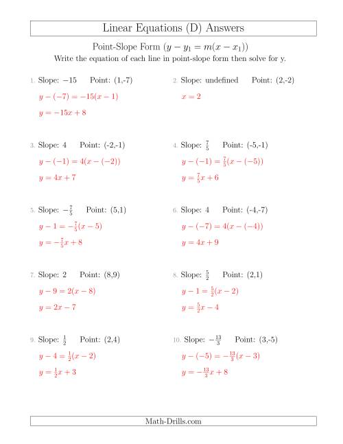 Writing a Linear Equation from the Slope and a Point (D)