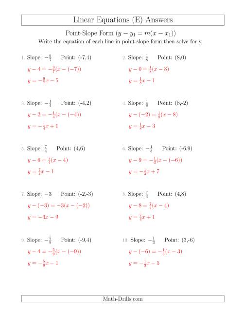 The Writing a Linear Equation from the Slope and a Point (E) Math Worksheet Page 2