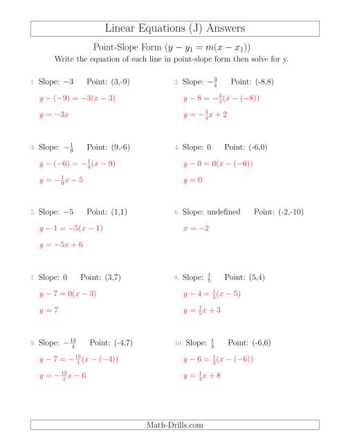 The Writing a Linear Equation from the Slope and a Point (J) Math Worksheet Page 2