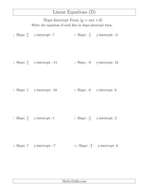The Writing a Linear Equation from the Slope and y-intercept (D) Math Worksheet