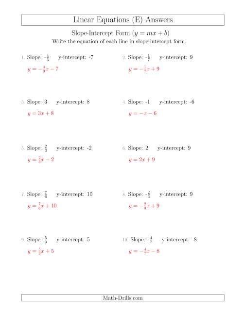 The Writing a Linear Equation from the Slope and y-intercept (E) Math Worksheet Page 2