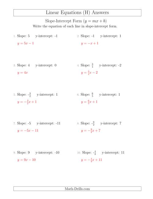 The Writing a Linear Equation from the Slope and y-intercept (H) Math Worksheet Page 2