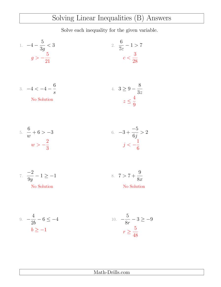 Linear Equations And Inequalities Worksheet