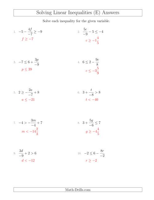 The Solving Linear Inequalities Including a Third Term, Multiplication and Division (E) Math Worksheet Page 2
