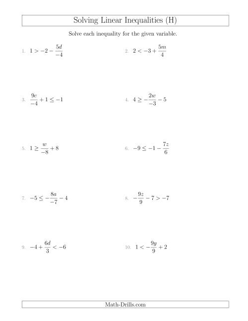 The Solving Linear Inequalities Including a Third Term, Multiplication and Division (H) Math Worksheet