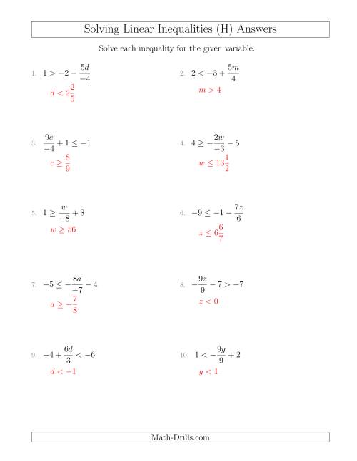 The Solving Linear Inequalities Including a Third Term, Multiplication and Division (H) Math Worksheet Page 2