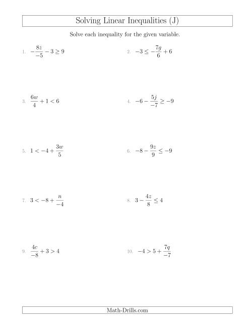 The Solving Linear Inequalities Including a Third Term, Multiplication and Division (J) Math Worksheet
