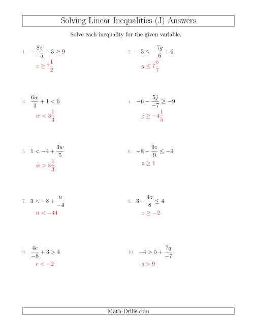 The Solving Linear Inequalities Including a Third Term, Multiplication and Division (J) Math Worksheet Page 2