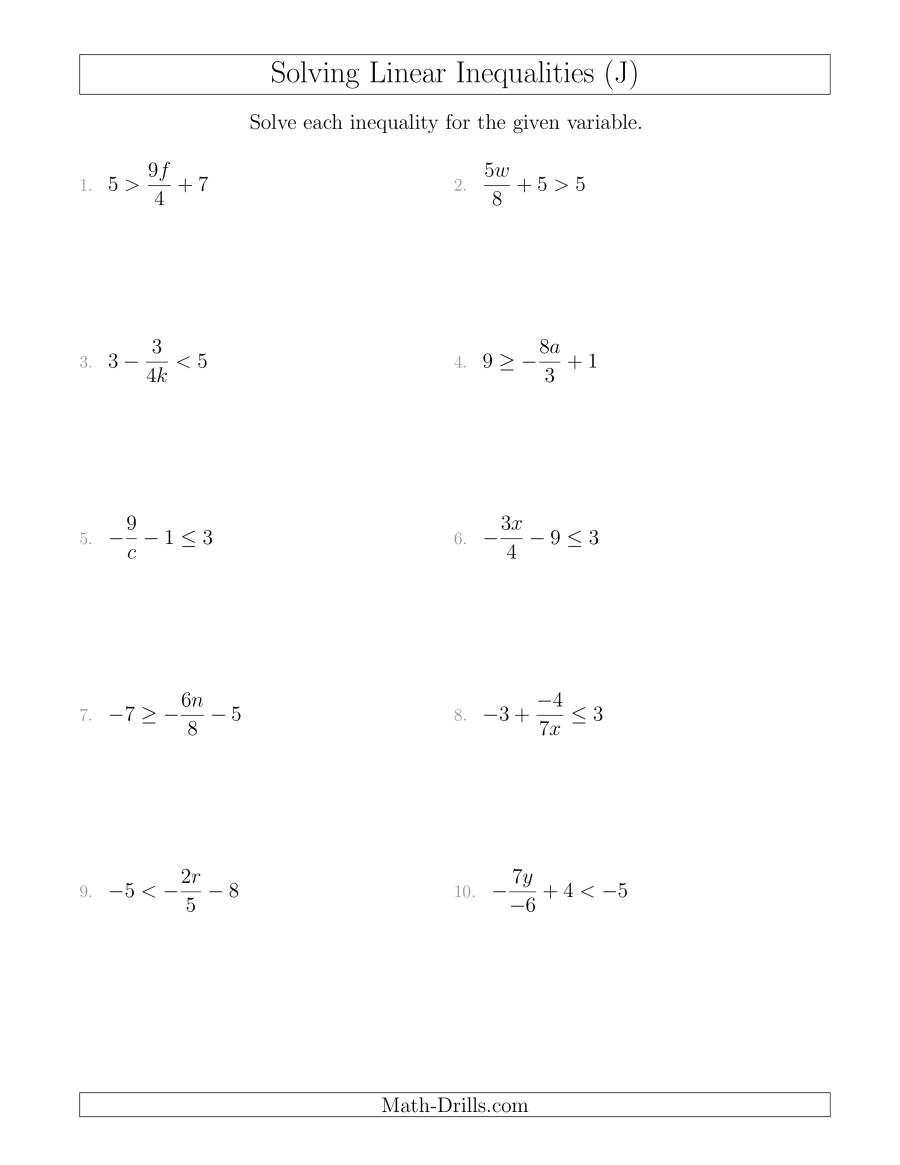 Linear Equations And Inequalities Worksheet Throughout Solve Linear Inequalities Worksheet