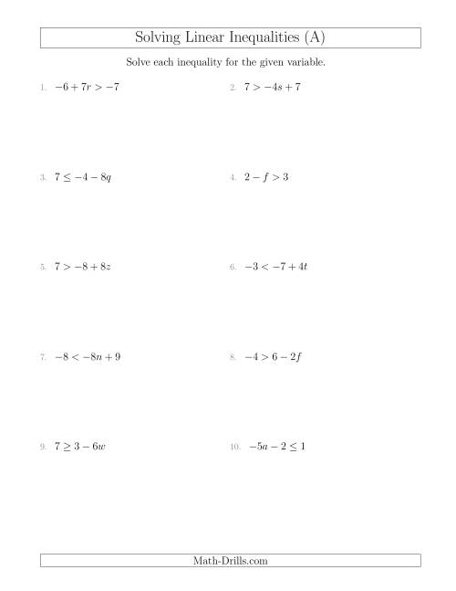 Solving Linear Inequalities Including a Third Term and Multiplication (A)