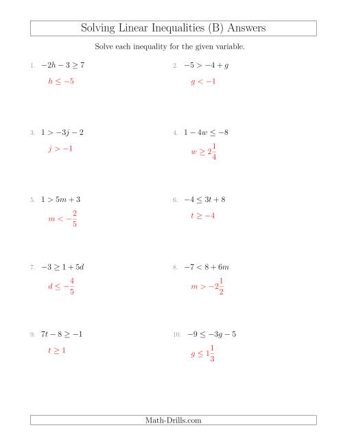 The Solving Linear Inequalities Including a Third Term and Multiplication (B) Math Worksheet Page 2