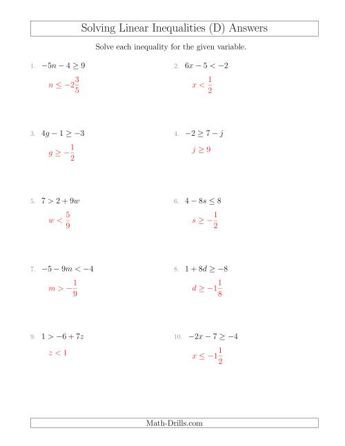 The Solving Linear Inequalities Including a Third Term and Multiplication (D) Math Worksheet Page 2