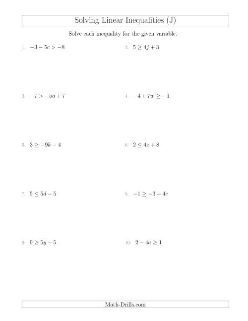The Solving Linear Inequalities Including a Third Term and Multiplication (J) Math Worksheet