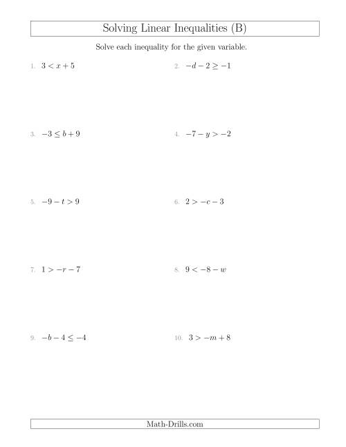 The Solving Linear Inequalities Including a Third Term (B) Math Worksheet