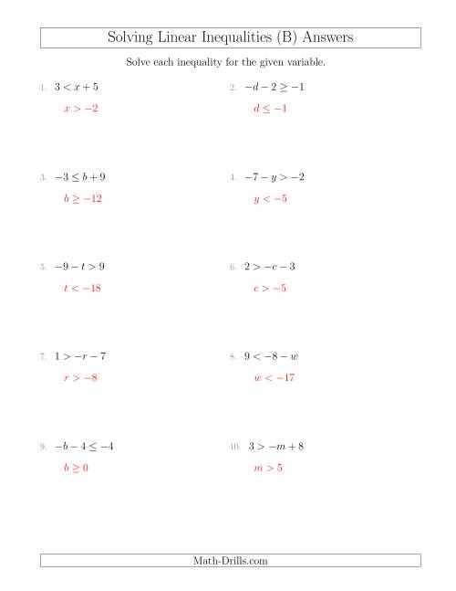 The Solving Linear Inequalities Including a Third Term (B) Math Worksheet Page 2