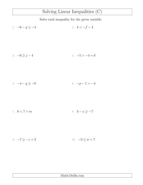 The Solving Linear Inequalities Including a Third Term (C) Math Worksheet