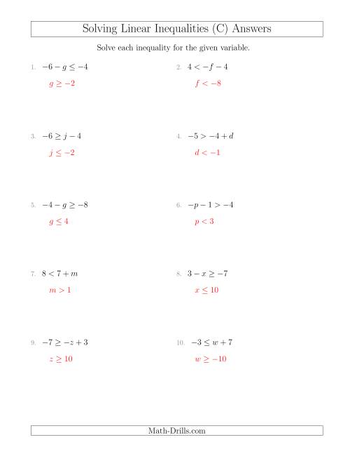 The Solving Linear Inequalities Including a Third Term (C) Math Worksheet Page 2
