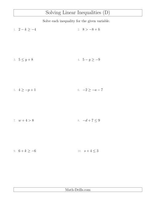 The Solving Linear Inequalities Including a Third Term (D) Math Worksheet