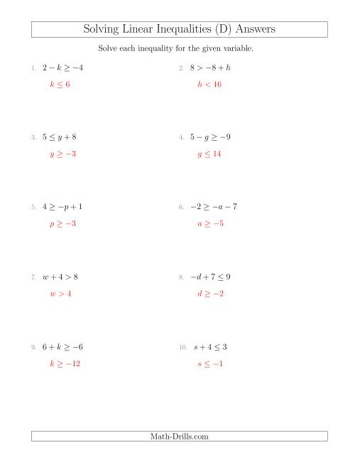 The Solving Linear Inequalities Including a Third Term (D) Math Worksheet Page 2