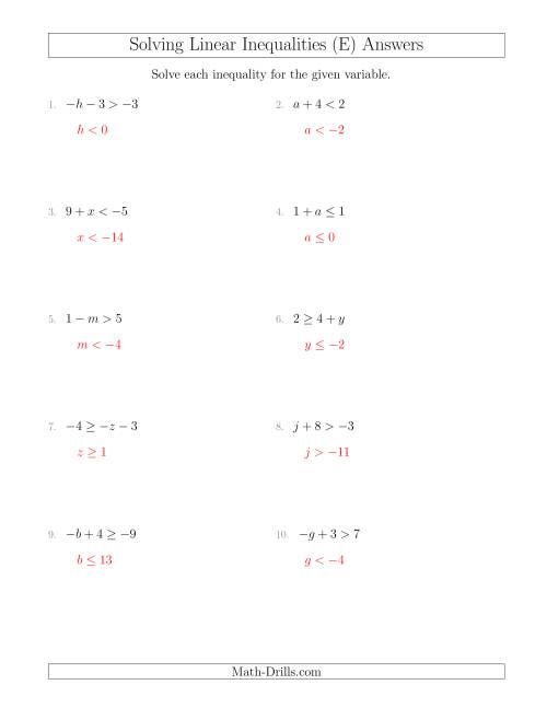 The Solving Linear Inequalities Including a Third Term (E) Math Worksheet Page 2