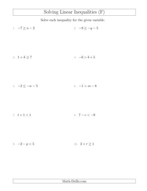 The Solving Linear Inequalities Including a Third Term (F) Math Worksheet